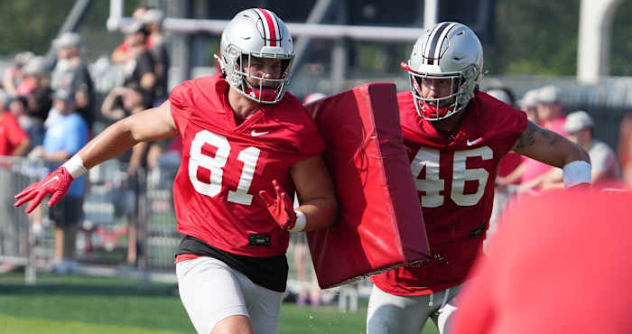 am Hart (81) and Jace Middleton (46) compete during the first football practice of the 2023 season at the Woody Hayes Athletic Center